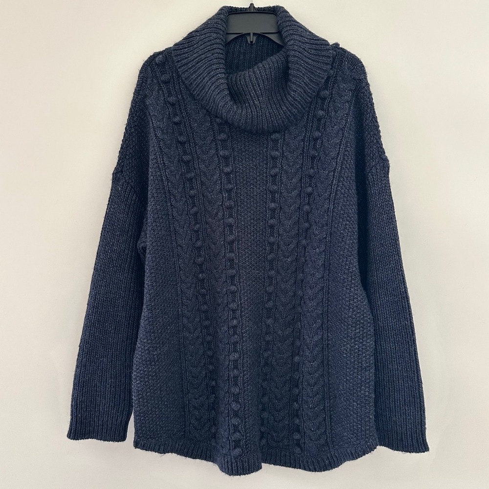 Talbots Navy Blue Cable Knit Bobble Wool Blend Sweater 2X Cowl Neck Fisherman